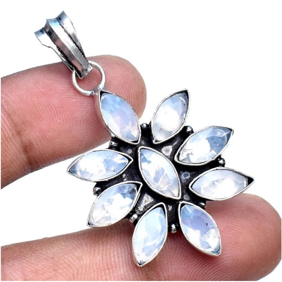 Milky Opal Marquise Flower Starburst Gemstone Silver plated Pendant 2.2" - Picture 2 of 5